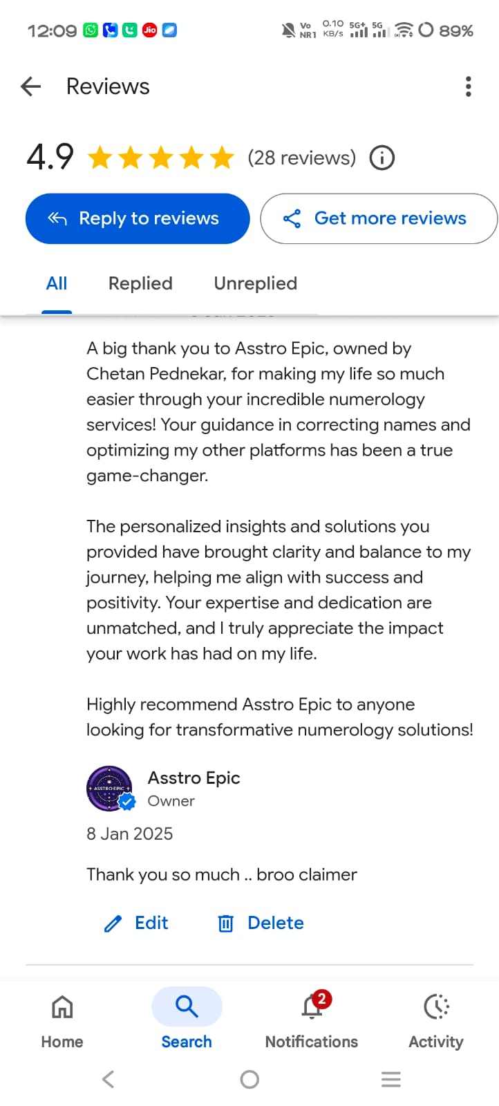 Google review recommending ASSTROEPIC numerology services